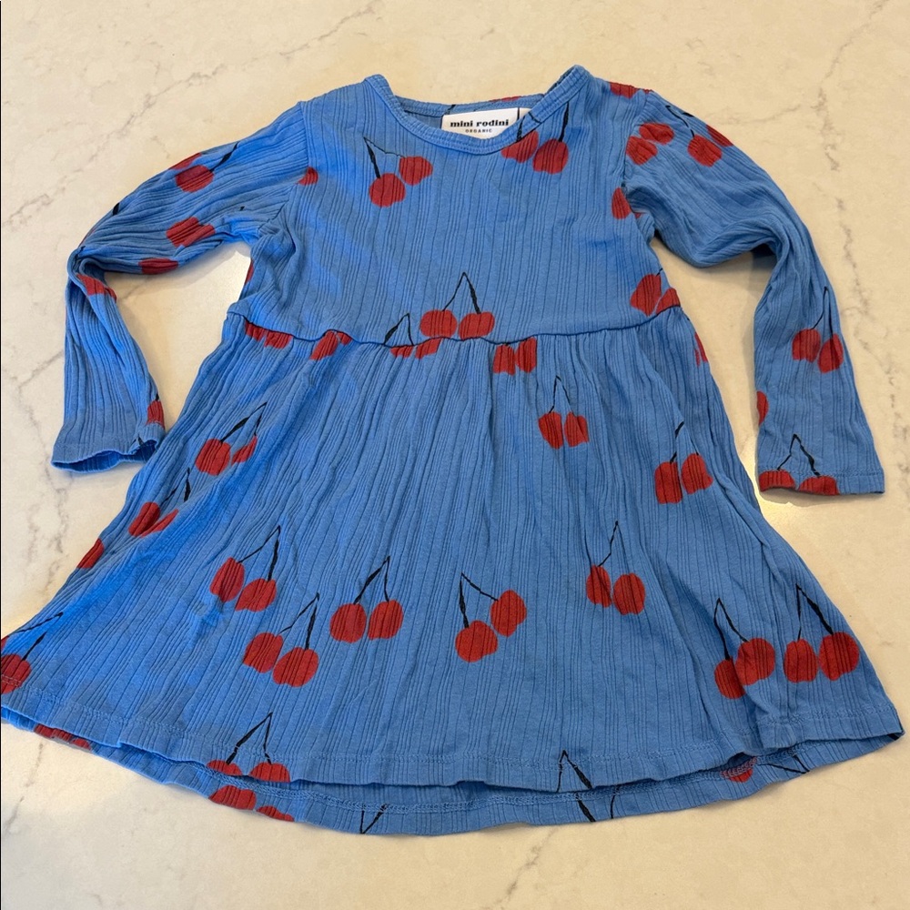 Mini Rodini Blue Dress with Red Cherry Print Size 92/98
